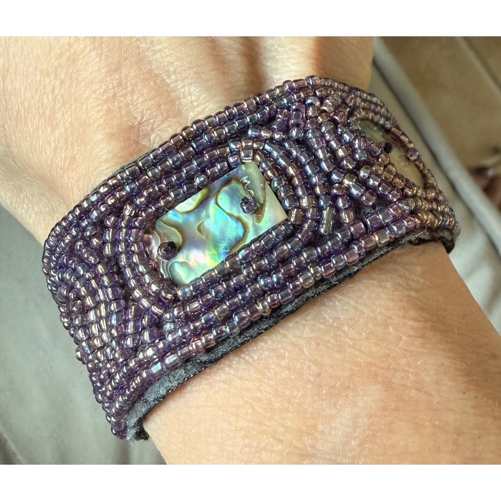 Artisan Bead Embroidered Cuff Bracelet Purple Iridescent Abalone Shell